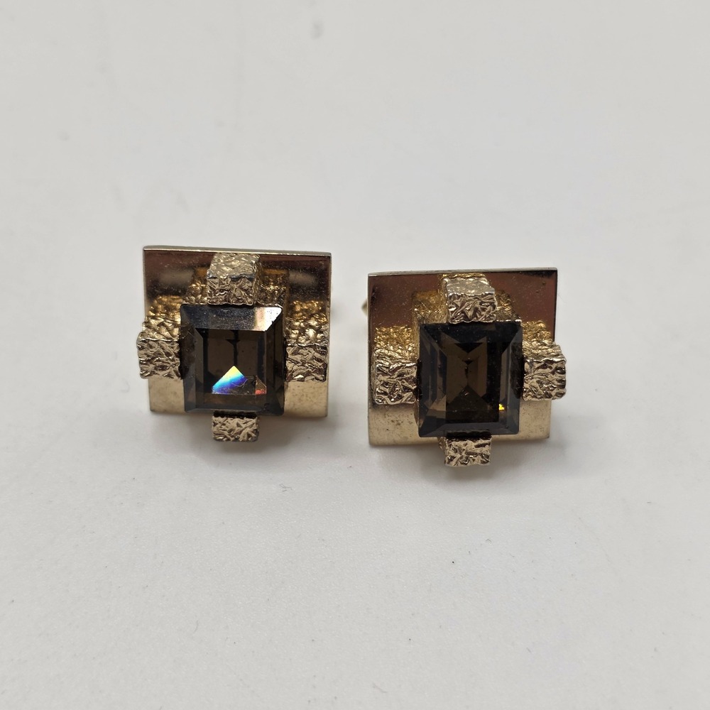 Vintage Brutalist Cufflinks Mens Gold Tone Smoky Glass MCM Mid Century Modern